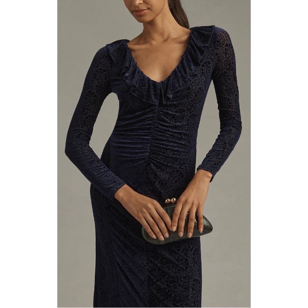 Anthropologie Blue Velvet Ruched Maxi Dress Size Med Ruffle Bodycon Formal - Picture 1 of 15
